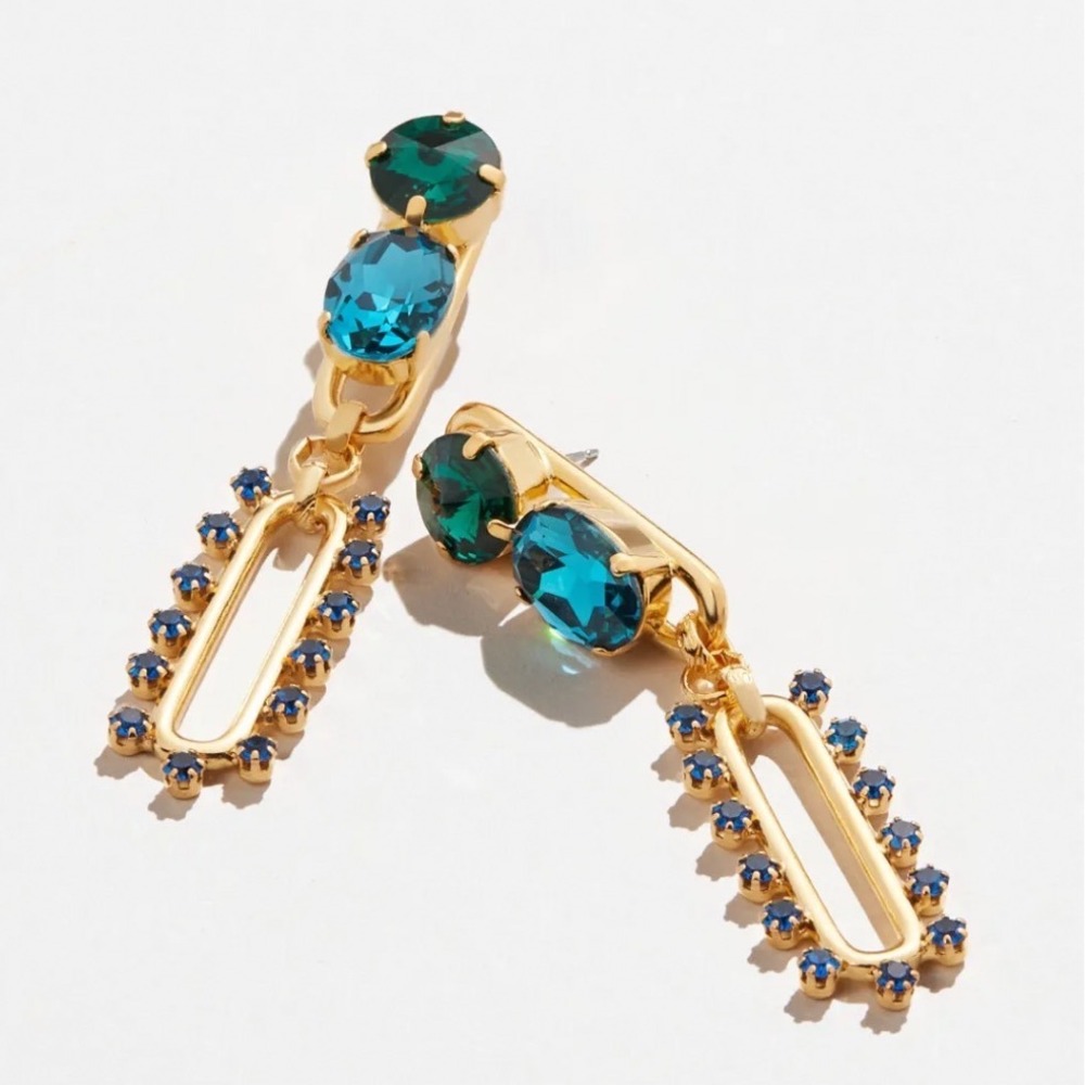 Elizabeth Cole Cassidy Blue Teal Crystal Drop 24k Gold Plated Statement Earrings